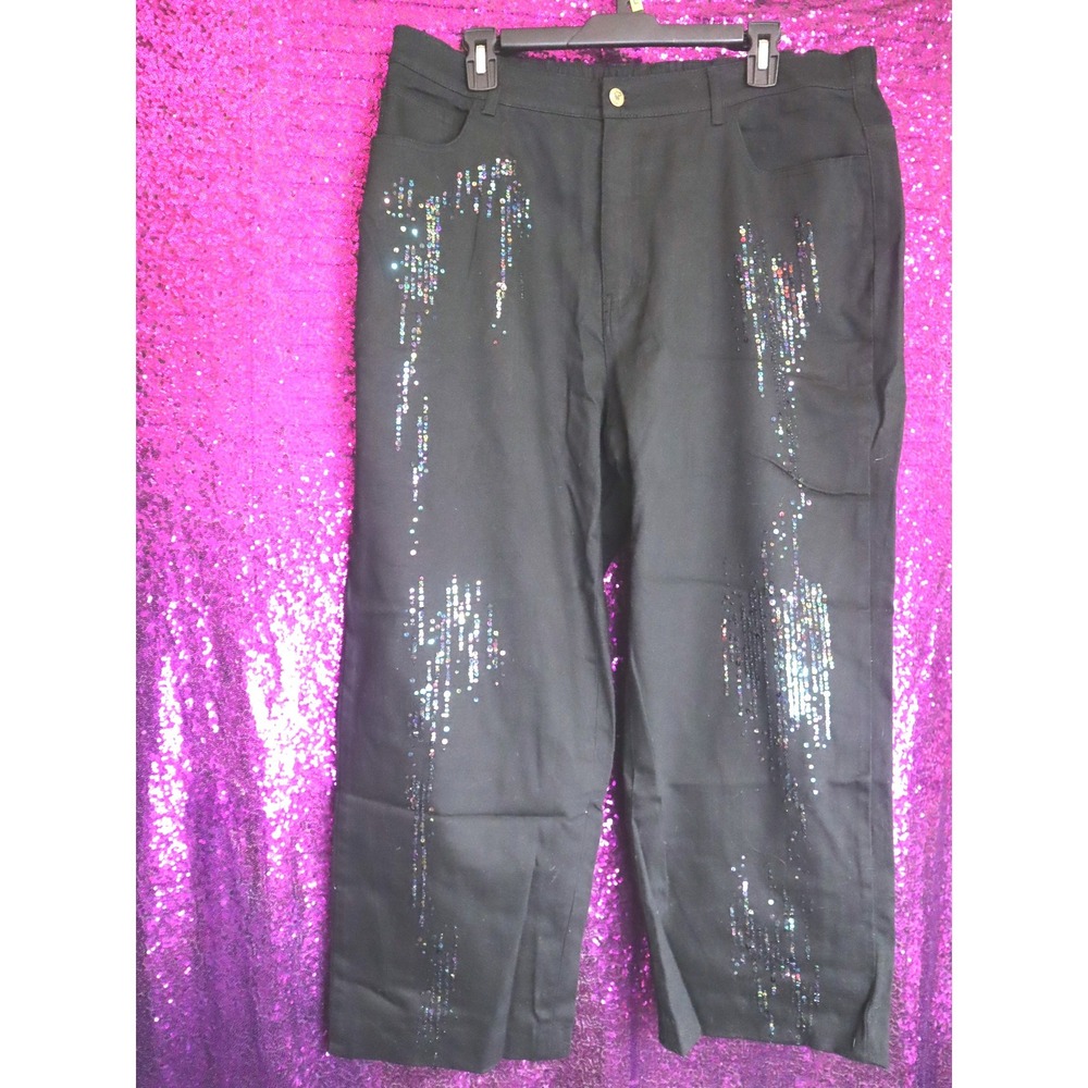 Black Sequin Pants 1X Quacker Factory Iridescent Embellished Straight Cropped